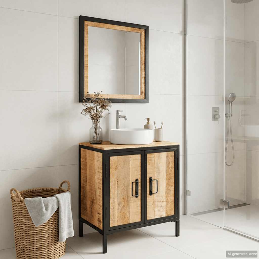 2 Piece Bathroom Furniture Set Iron and Solid Wood Mango