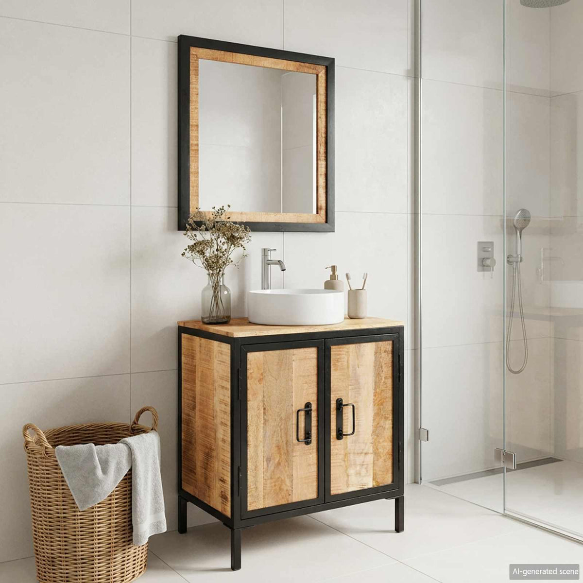 2 Piece Bathroom Furniture Set Iron and Solid Wood Mango