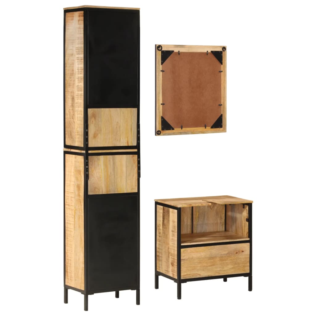 3 Piece Bathroom Furniture Set Iron and Solid Wood Mango