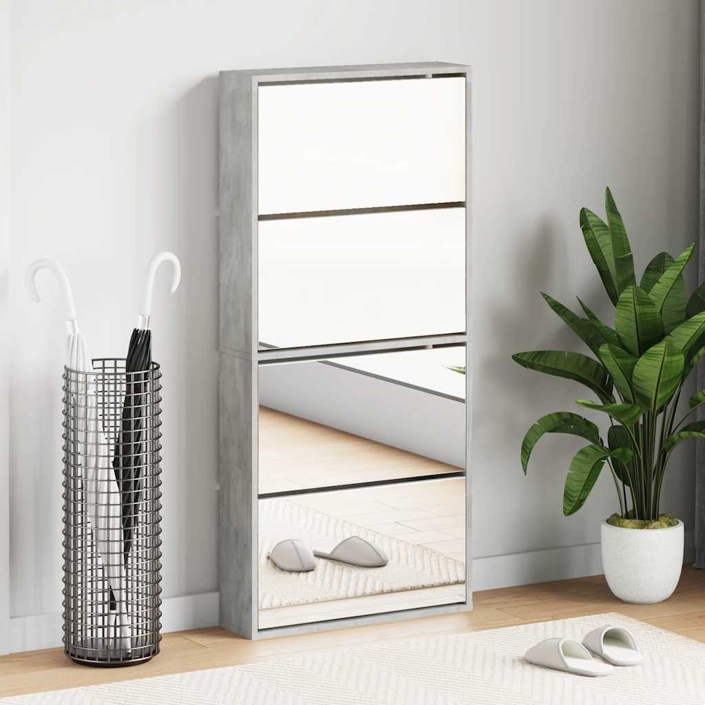 Shoe Cabinet with Mirror 4-Layer Concrete Grey 63x17x134 cm