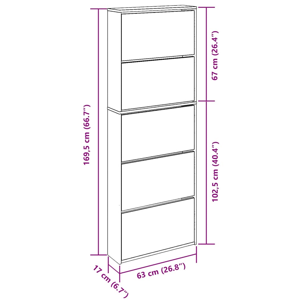 Shoe Cabinet with Mirror 5-Layer High Gloss White 63x17x169.5 cm
