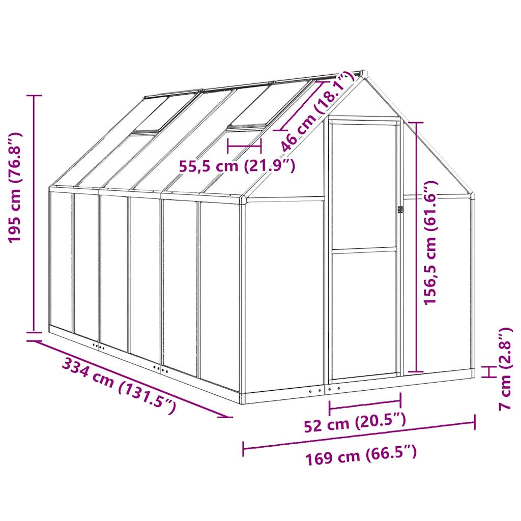 vidaXL Greenhouse with Base Frame Silver 334x169x195 cm Aluminium