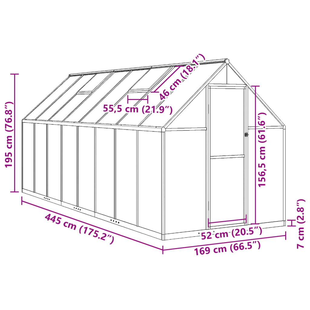 vidaXL Greenhouse with Base Frame Silver 445x169x195 cm Aluminium