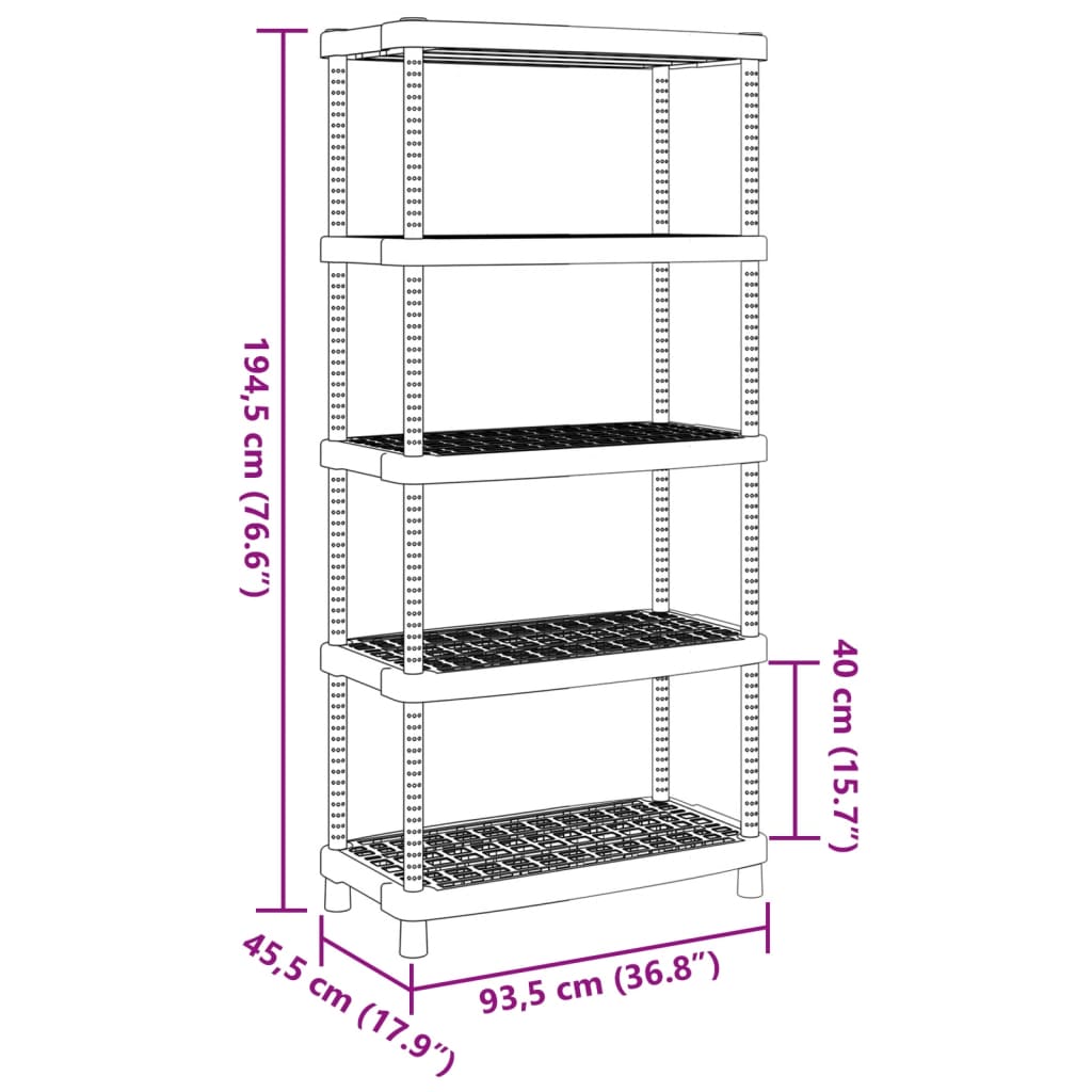 vidaXL Storage Shelf 5-Tier Black 93.5x45.5x194.5 cm PP
