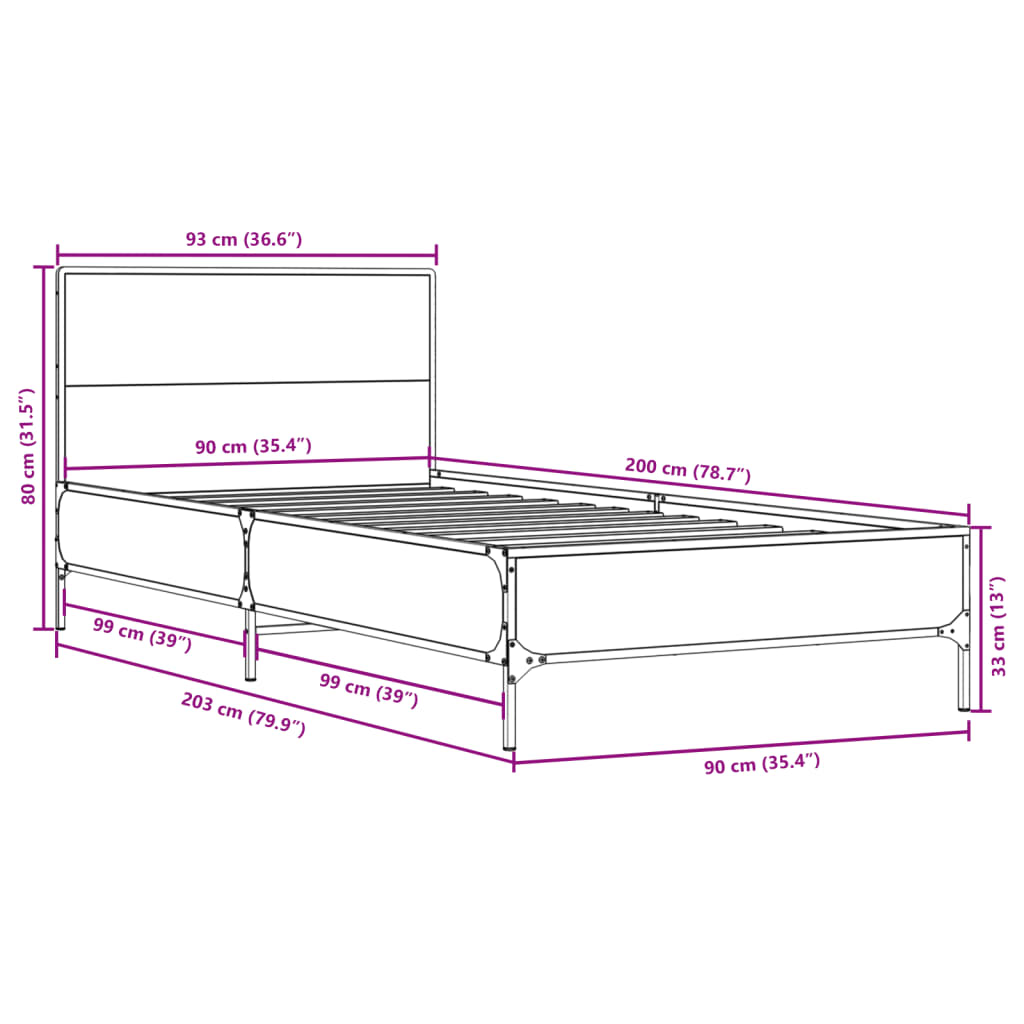 vidaXL Bed Frame without Mattress Grey Sonoma 90x200 cm