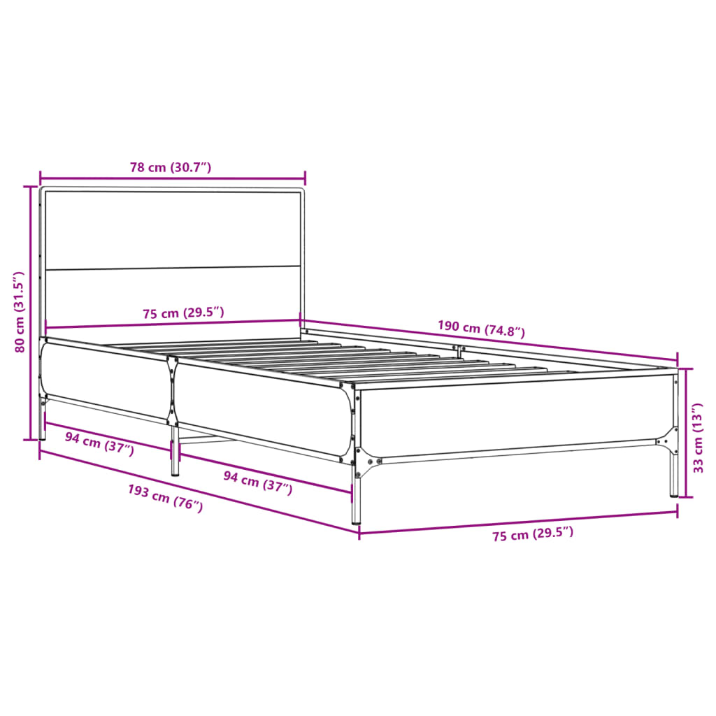 vidaXL Bed Frame without Mattress Grey Sonoma 75x190 cm Small Single