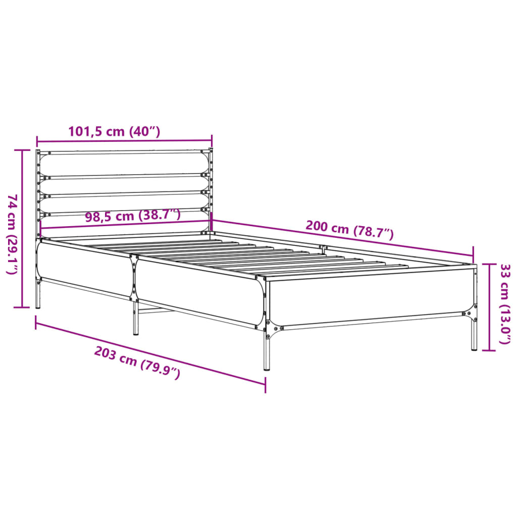 vidaXL Bed Frame without Mattress Grey Sonoma 100x200 cm