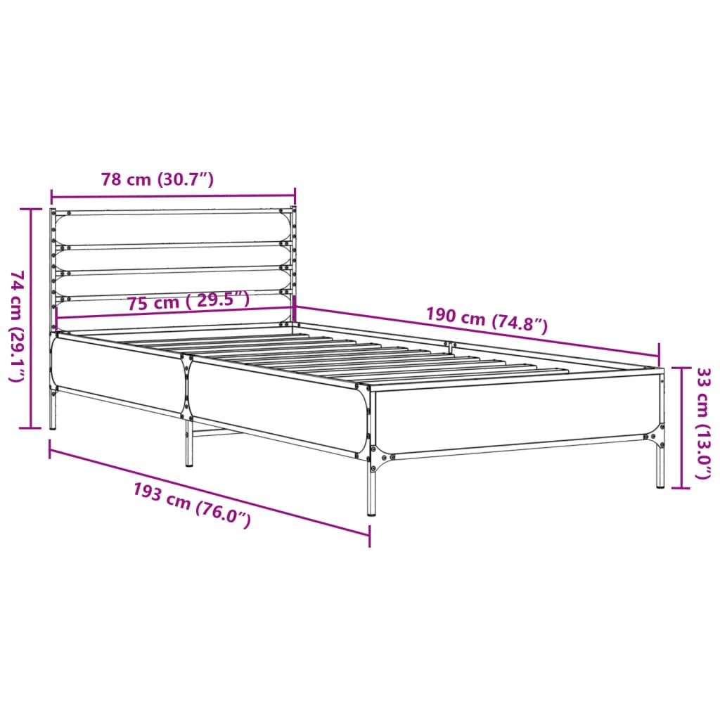 vidaXL Bed Frame without Mattress Smoked Oak 75x190 cm Small Single