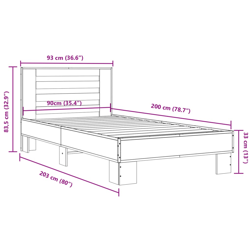 vidaXL Bed Frame without Mattress Black 90x200 cm