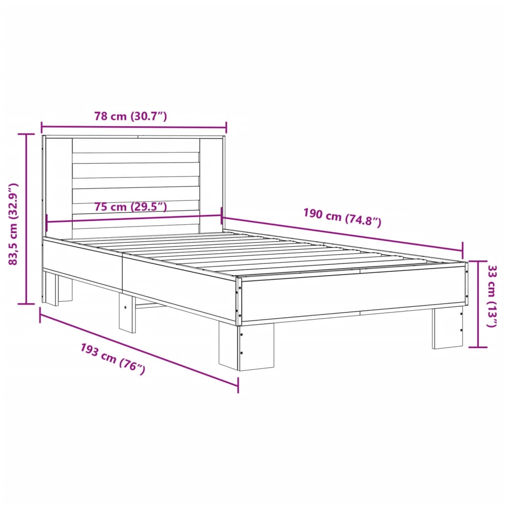 vidaXL Bed Frame without Mattress Smoked Oak 75x190 cm Small Single