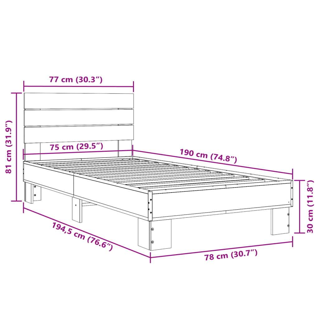 vidaXL Bed Frame without Mattress Grey Sonoma 75x190 cm Small Single