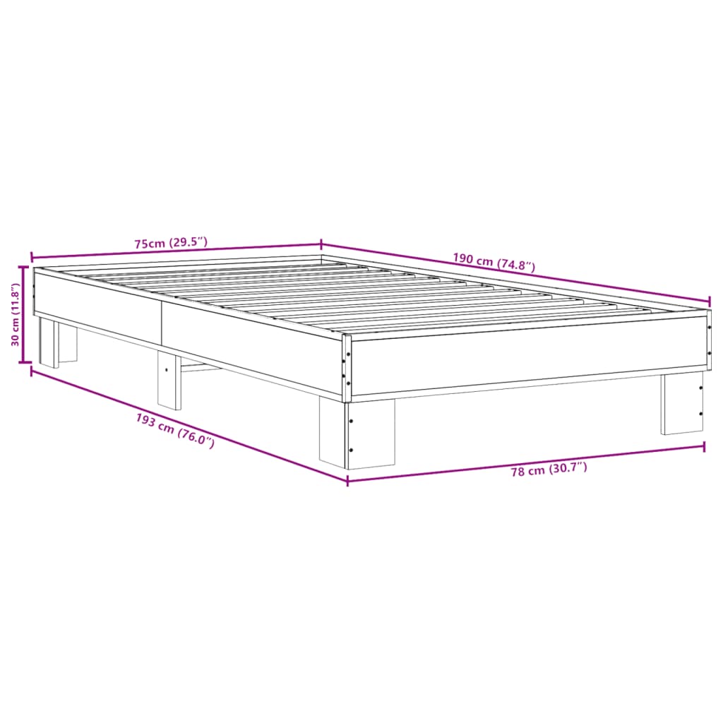 vidaXL Bed Frame without Mattress Grey Sonoma 75x190 cm Small Single