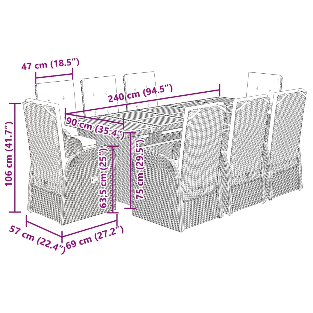 vidaXL 9 Piece Garden Dining Set with Cushions Grey Poly Rattan