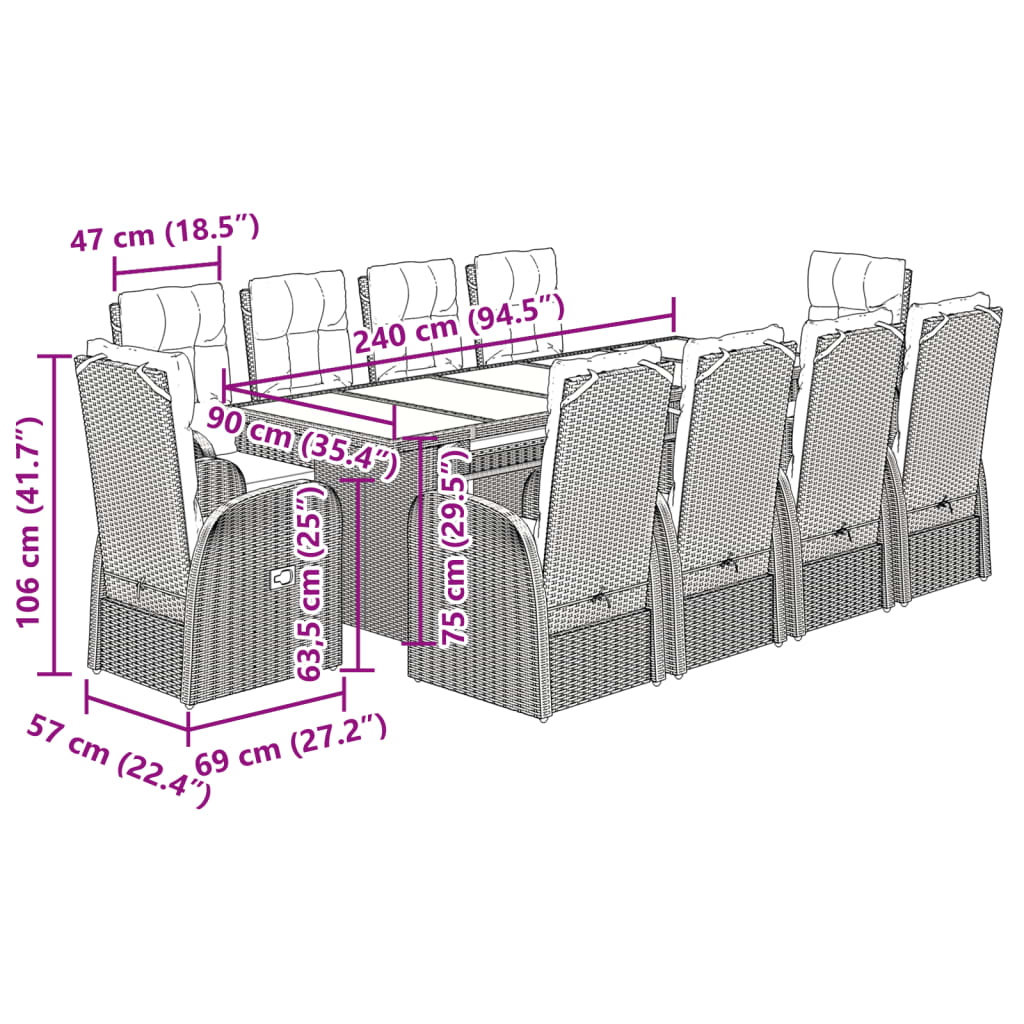 vidaXL 11 Piece Garden Dining Set with Cushions Black Poly Rattan