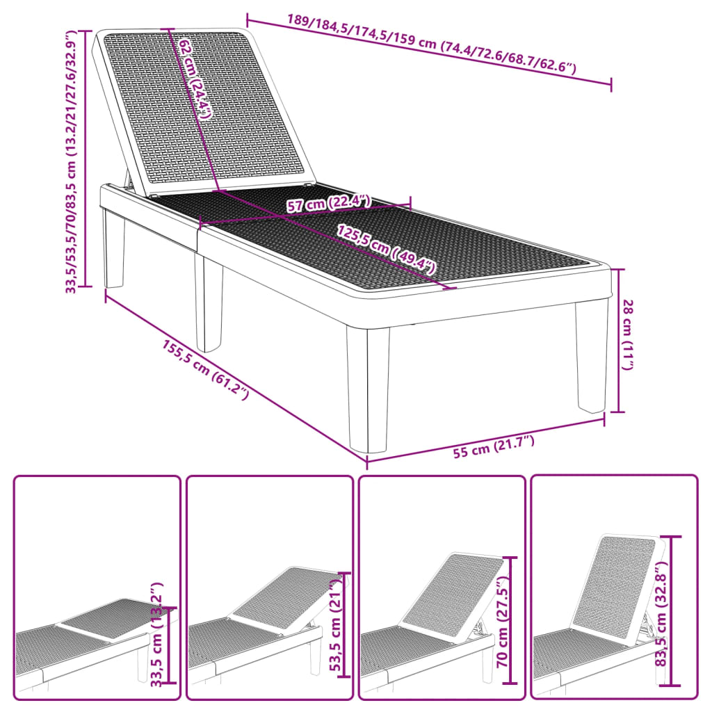 4-Way Height Adjustable Sun Lounger 155.5x57x28cm Polypropylene