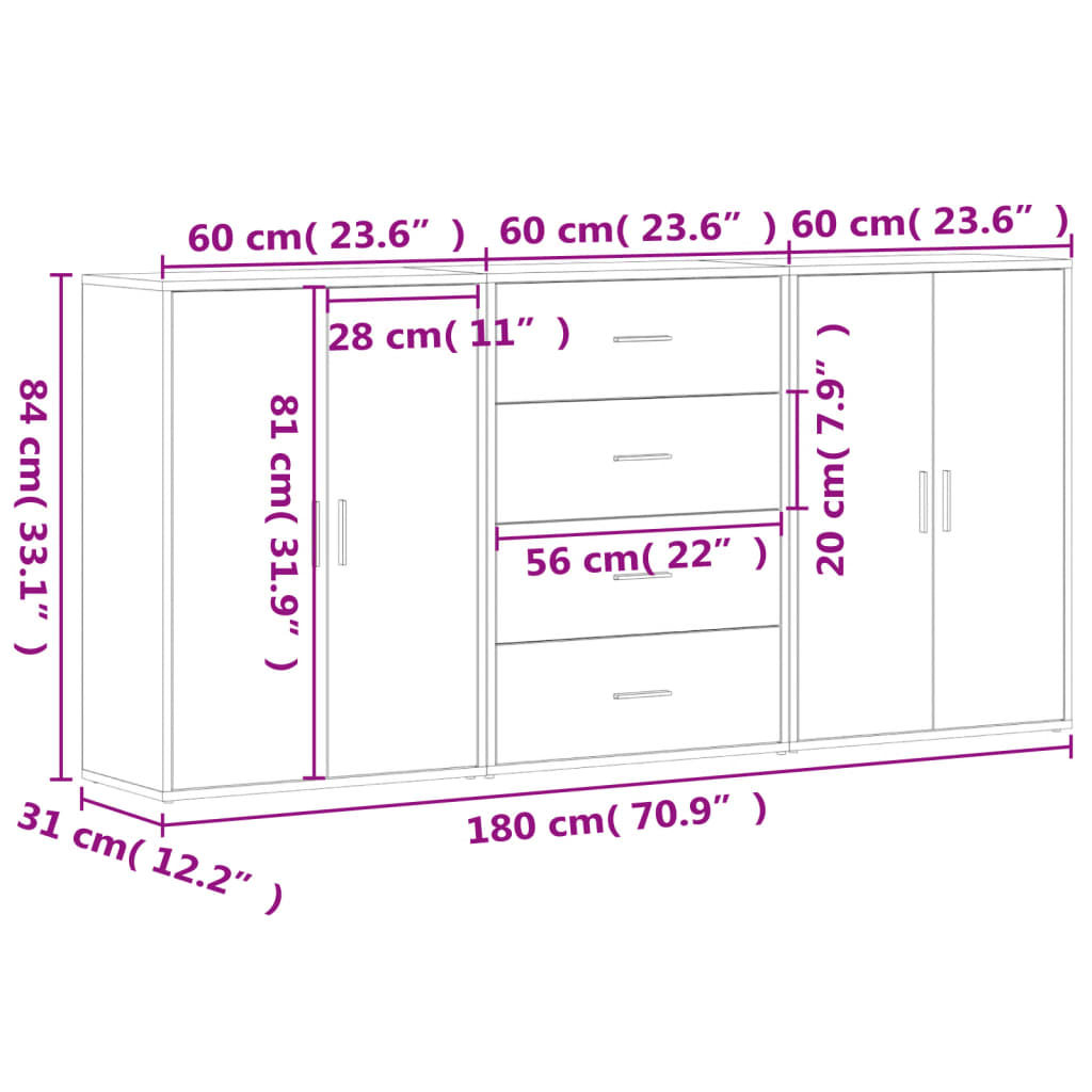 Sideboards 3 pcs White 60x31x84 cm Engineered Wood
