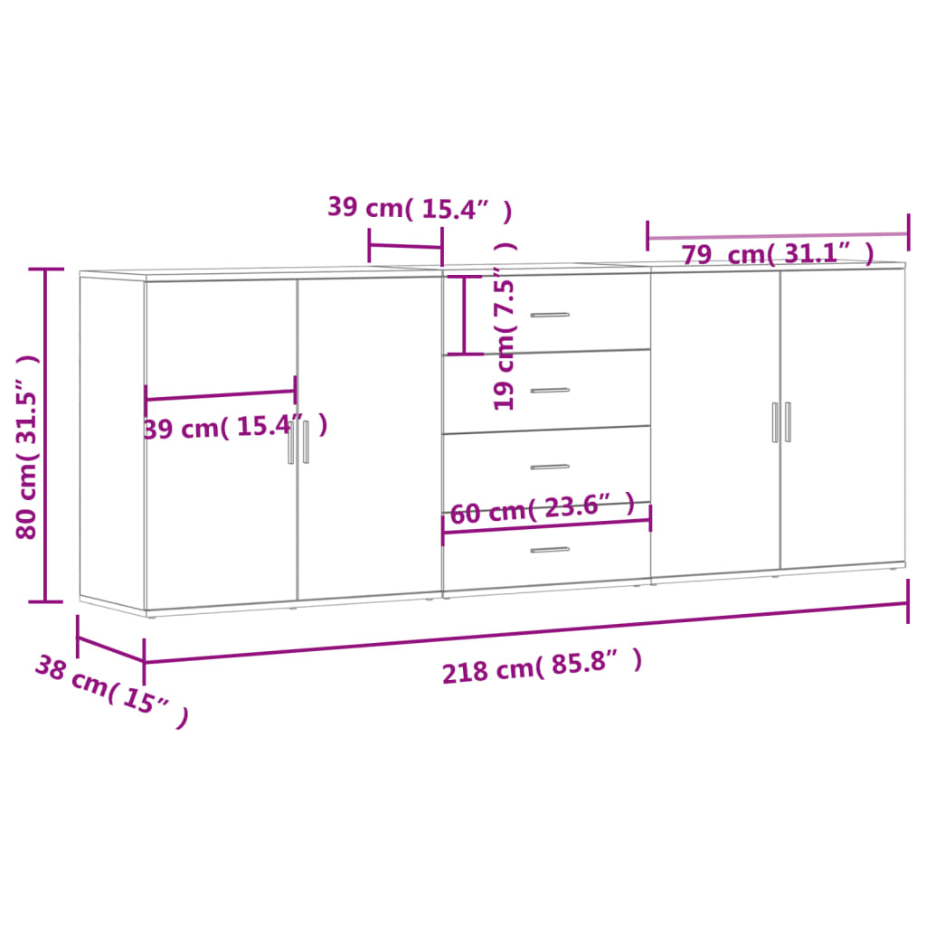 vidaXL Sideboards 3 pcs Black Engineered Wood