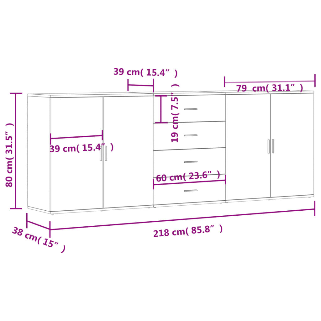 vidaXL Sideboards 3 pcs Grey Sonoma Engineered Wood