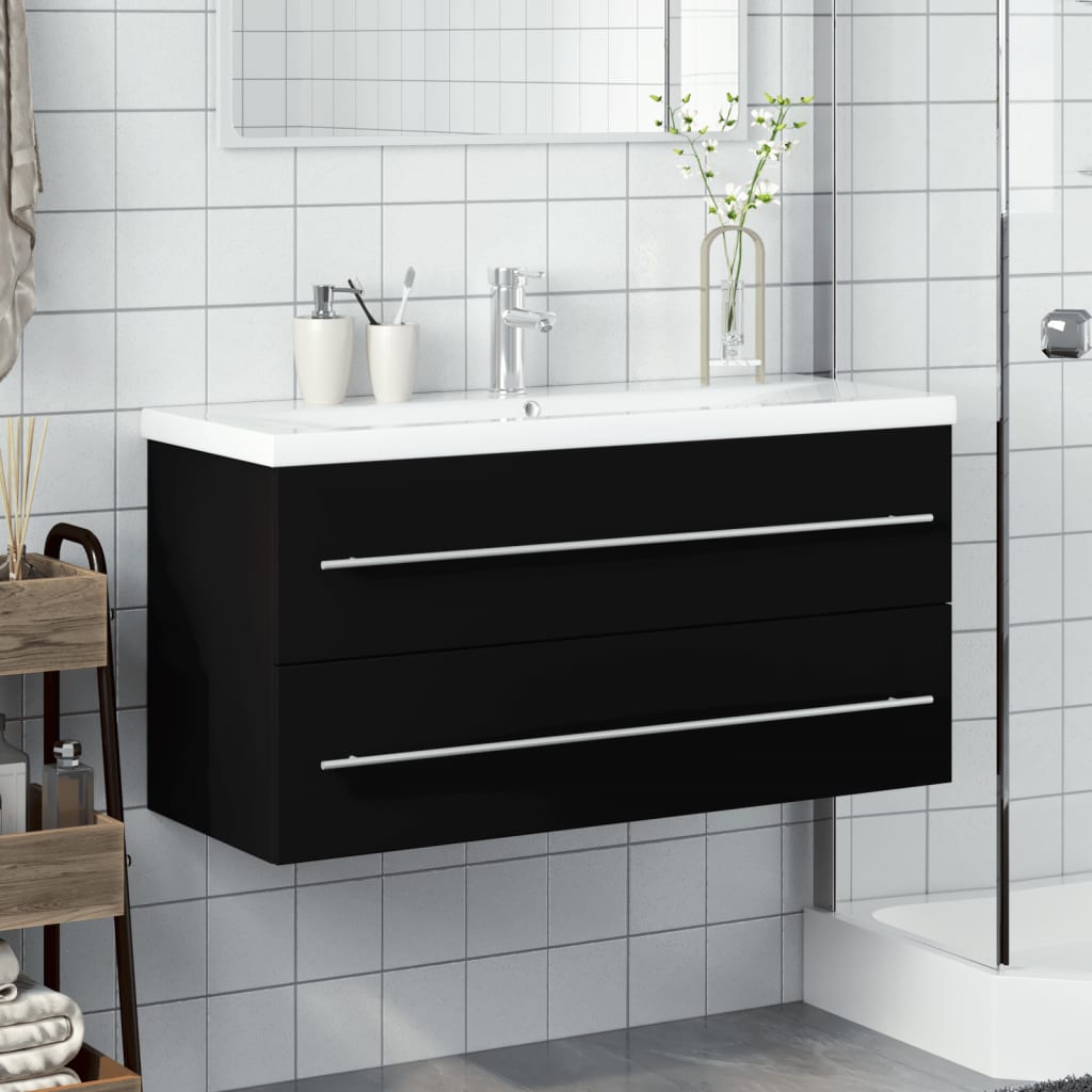 vidaXL Bathroom Sink Cabinet with Built-in Basin Black