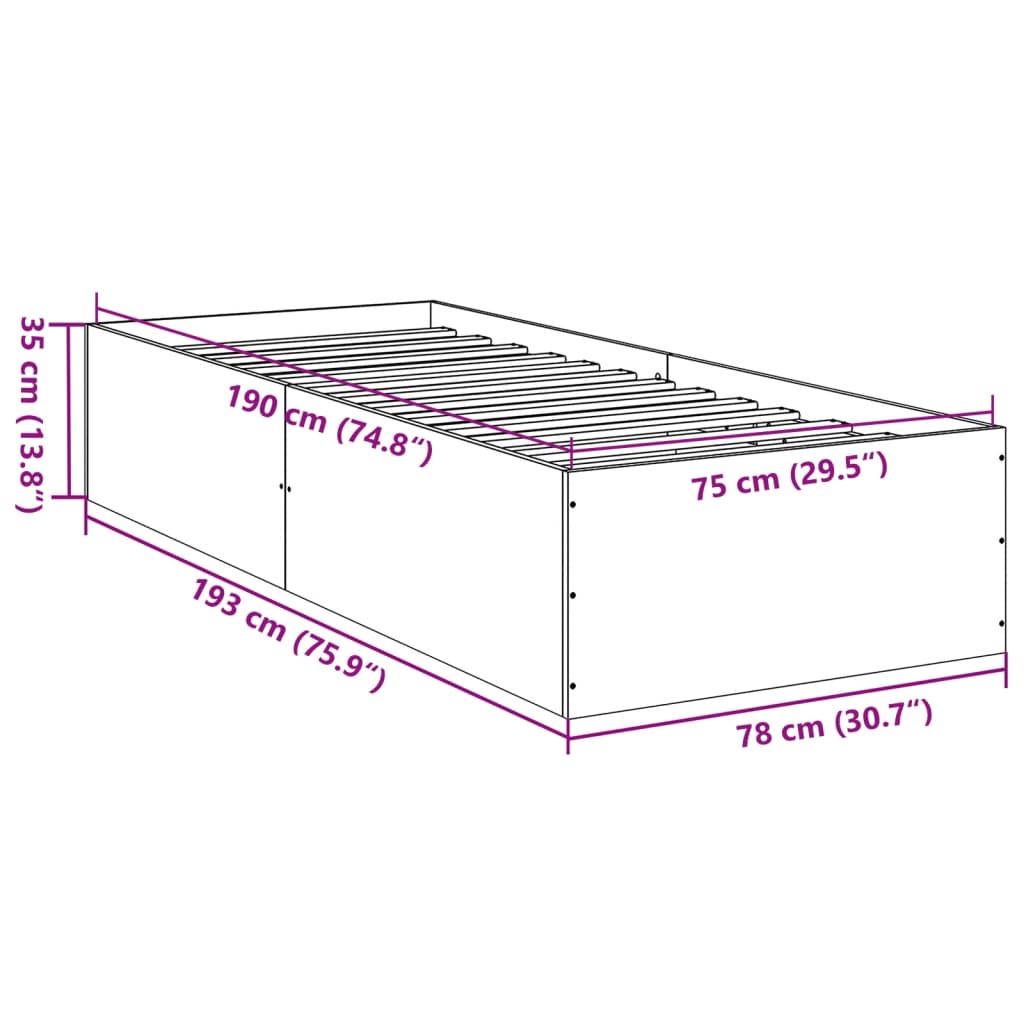 vidaXL Bed Frame without Mattress Grey Sonoma 75x190 cm Small Single Engineered Wood