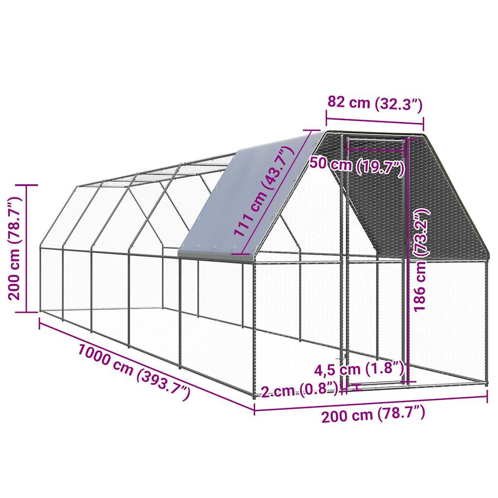 vidaXL Chicken Cage 2x10x2 m Galvanised Steel