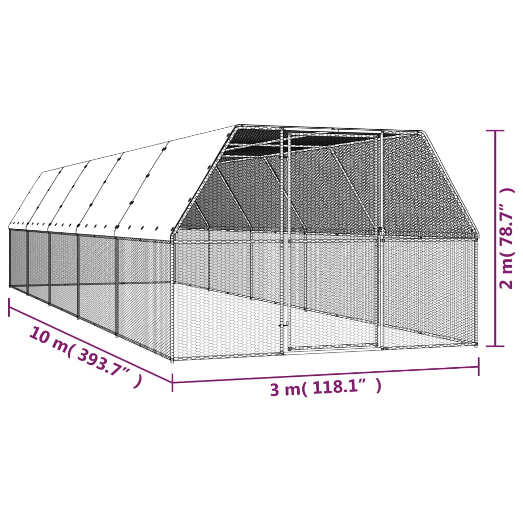 vidaXL Chicken Cage 3x10x2 m Galvanised Steel