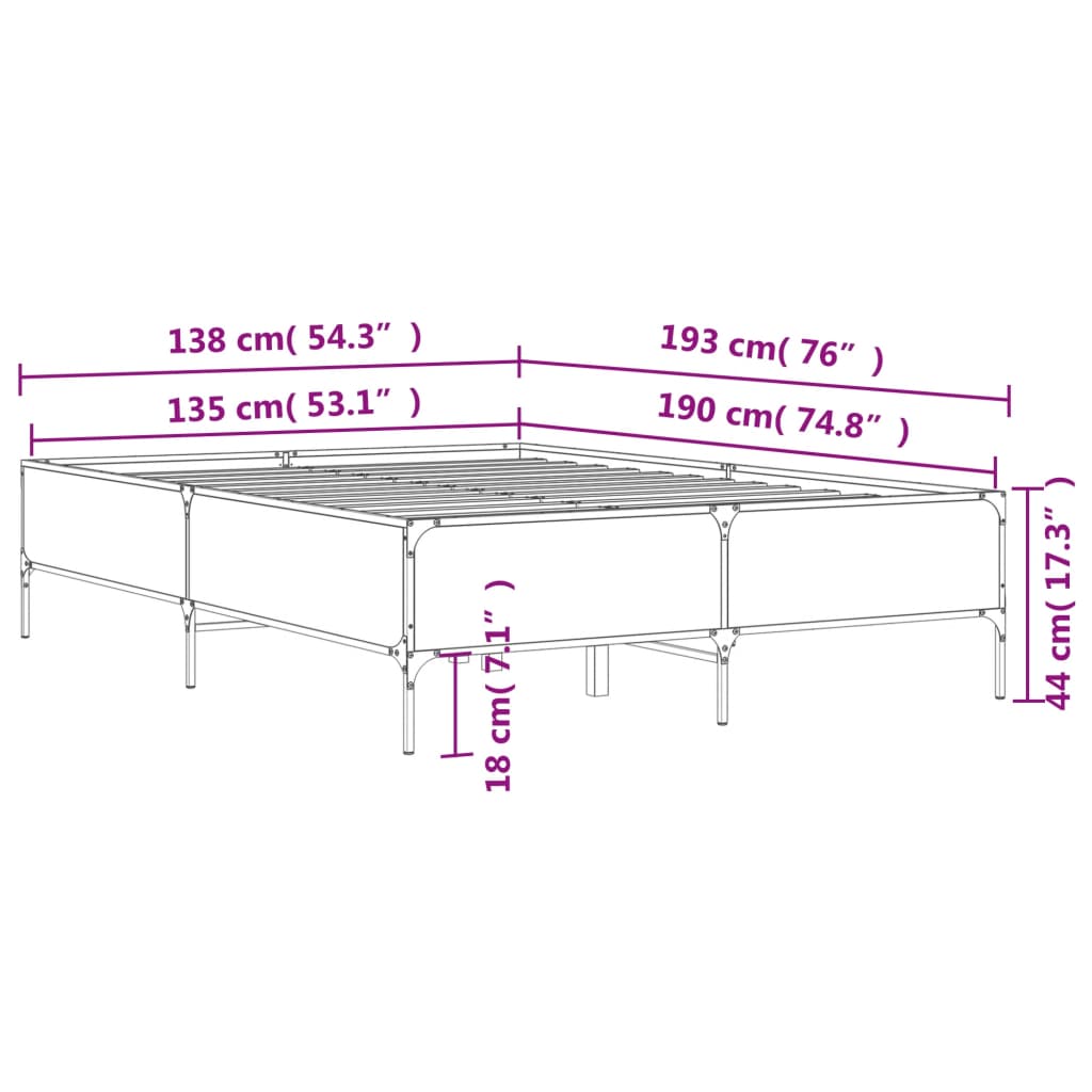 vidaXL Bed Frame without Mattress Grey Sonoma 135x190 cm Double