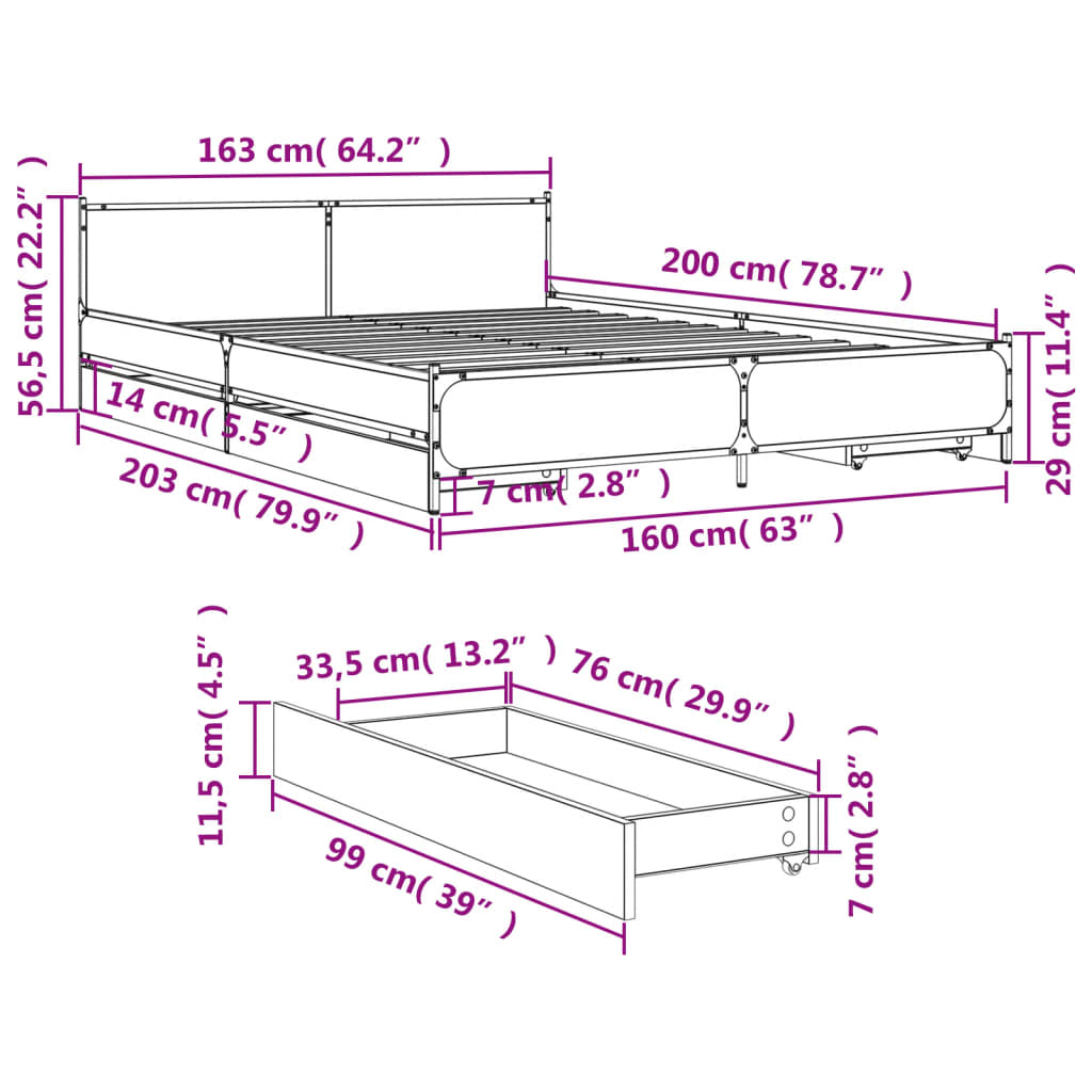 vidaXL Bed Frame with Drawers without Mattress Smoked Oak 160x200 cm