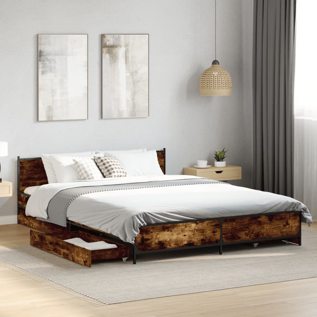 vidaXL Bed Frame with Drawers without Mattress Smoked Oak 140x200 cm