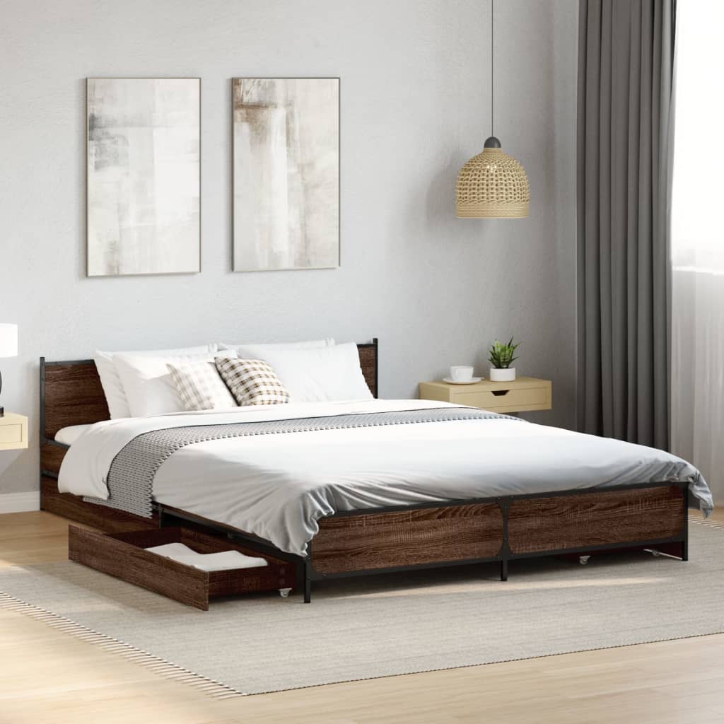 vidaXL Bed Frame with Drawers without Mattress Brown Oak 140x200 cm