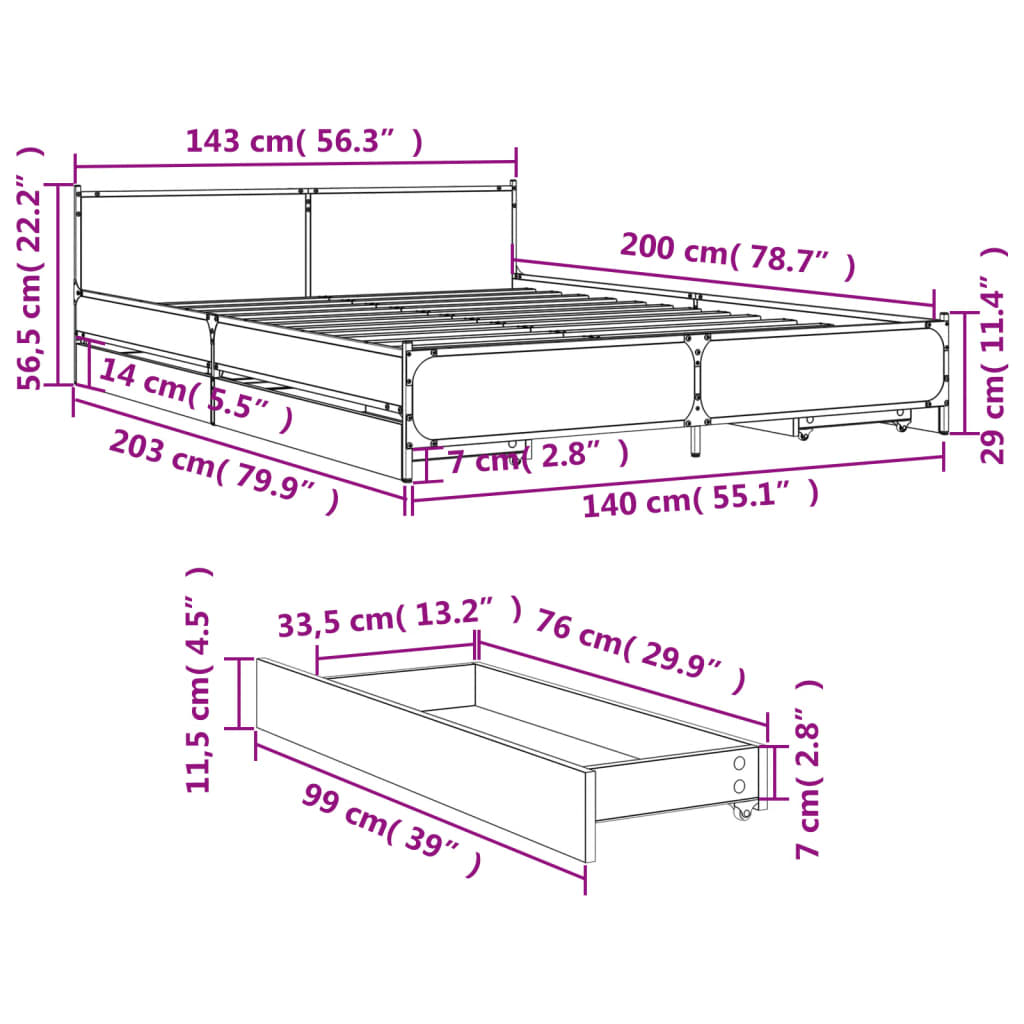 vidaXL Bed Frame with Drawers without Mattress Brown Oak 140x200 cm