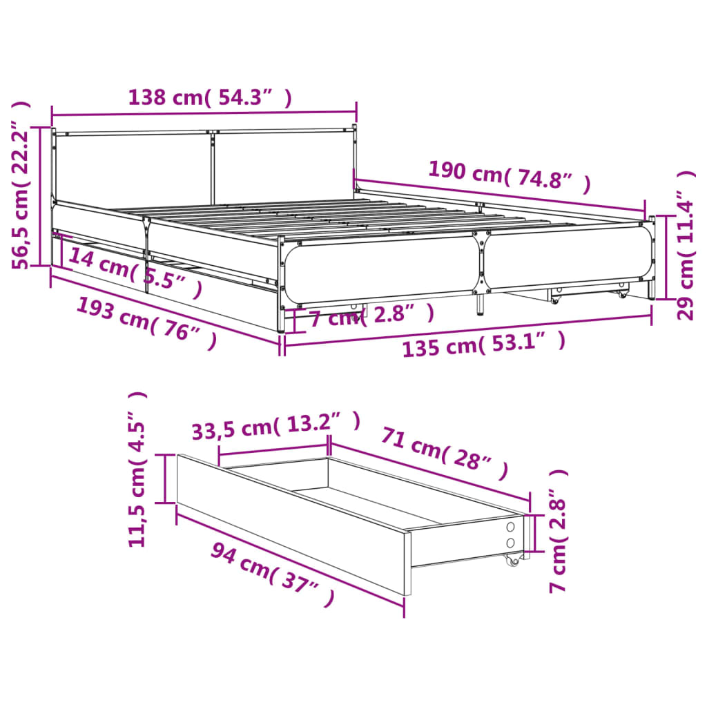 vidaXL Bed Frame with Drawers without Mattress Black 135x190 cm Double