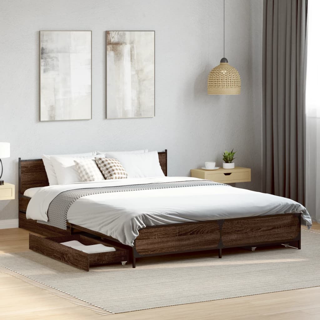 vidaXL Bed Frame with Drawers without Mattress Brown Oak 135x190 cm Double