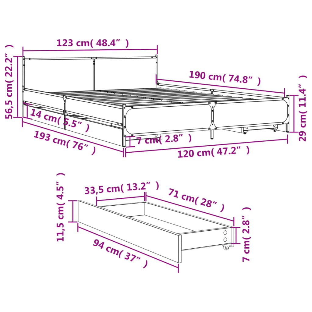 vidaXL Bed Frame with Drawers without Mattress Brown Oak 120x190 cm Small Double