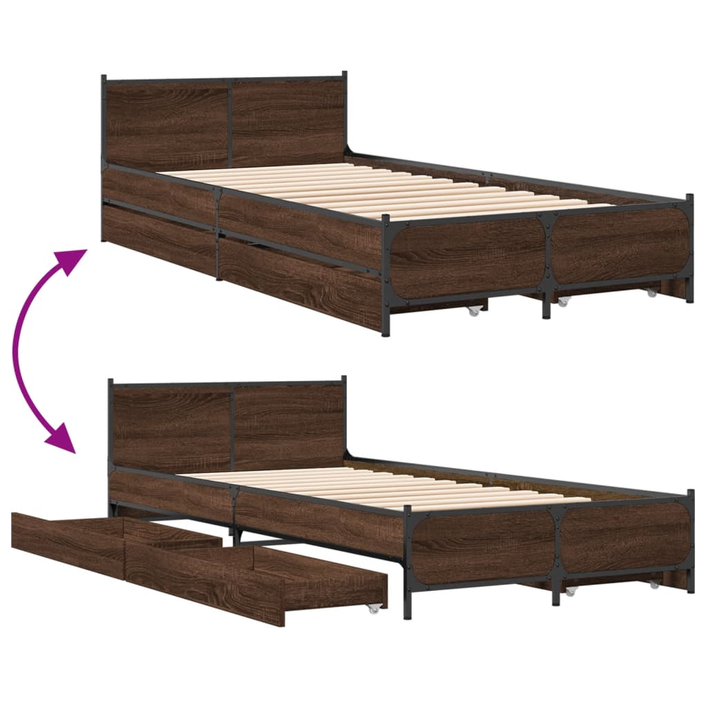 vidaXL Bed Frame with Drawers without Mattress Brown Oak 90x190 cm Single