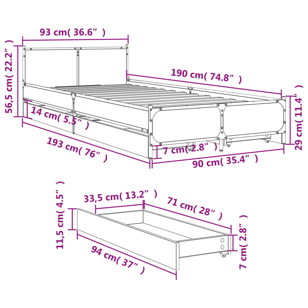 vidaXL Bed Frame with Drawers without Mattress Brown Oak 90x190 cm Single