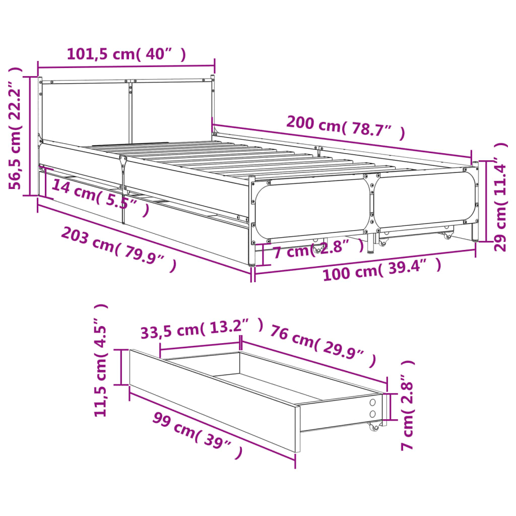 vidaXL Bed Frame with Drawers without Mattress Sonoma Oak 100x200 cm