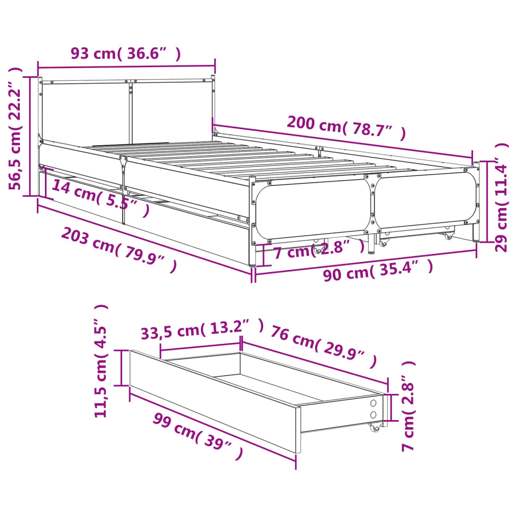 vidaXL Bed Frame with Drawers without Mattress Sonoma Oak 90x200 cm