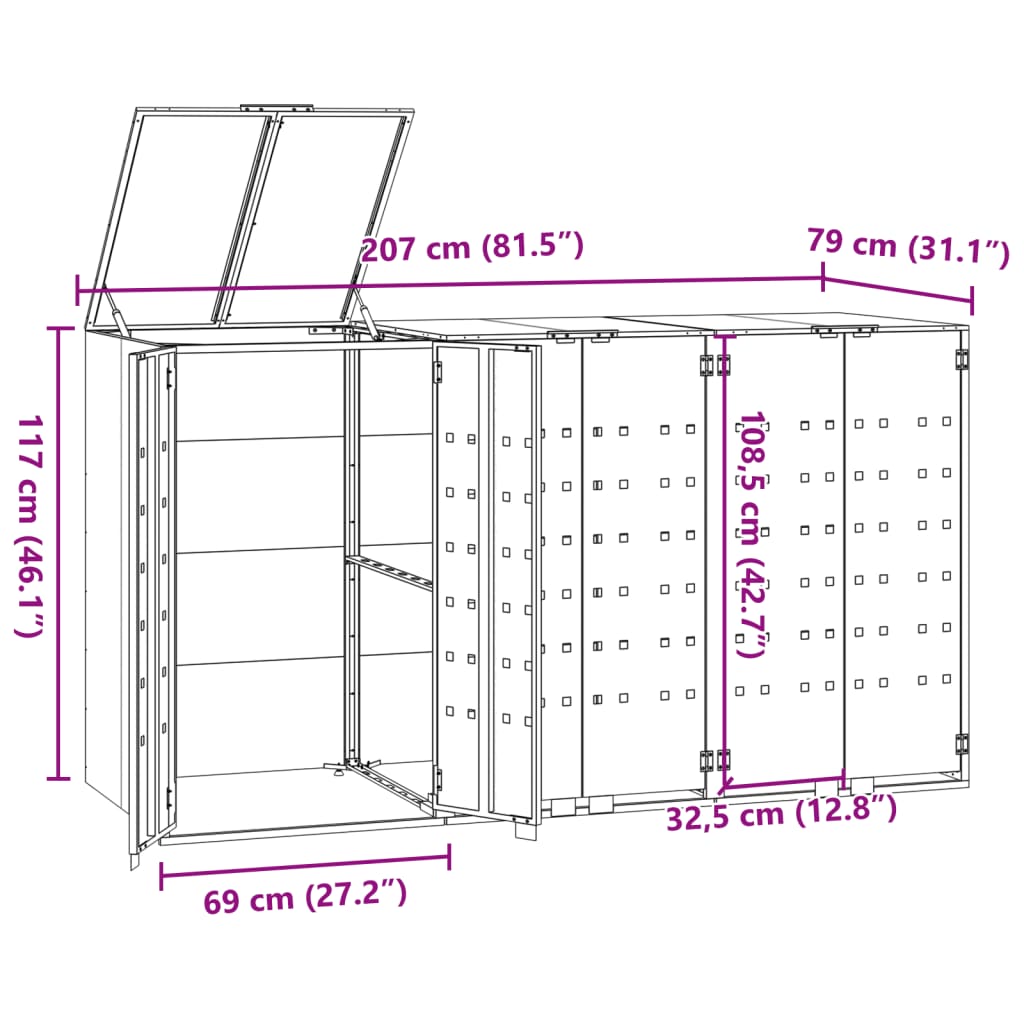 Wheelie Bin Storage for 3 Bins Black 207x79x117 cm Steel