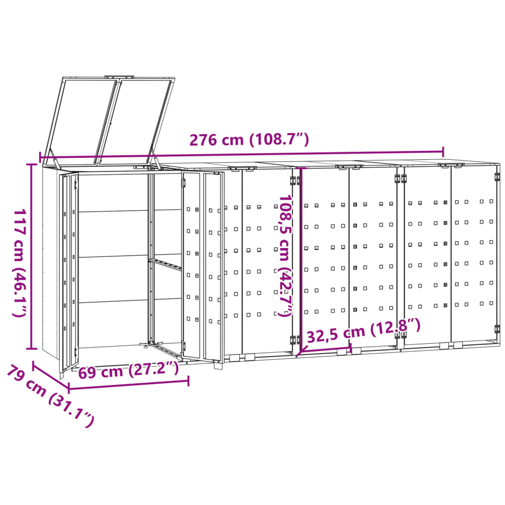 vidaXL Wheelie Bin Storage for 4 Bins Black 276x79x117 cm Steel