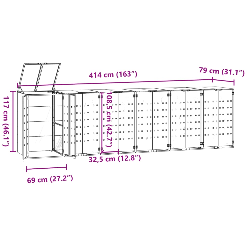 Wheelie Bin Storage for 6 Bins Black 414x79x117 cm Steel