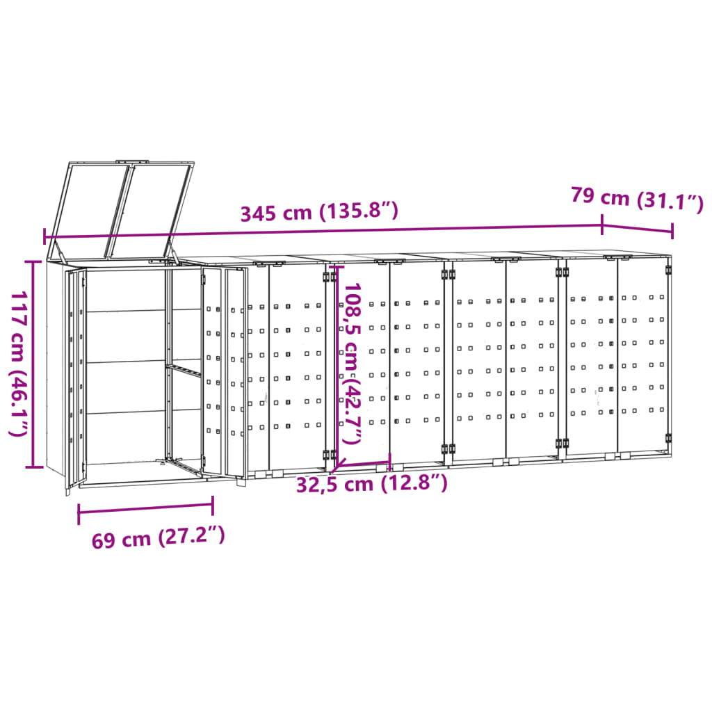 vidaXL Wheelie Bin Storage for 5 Bins Anthracite 345x79x117 cm Steel