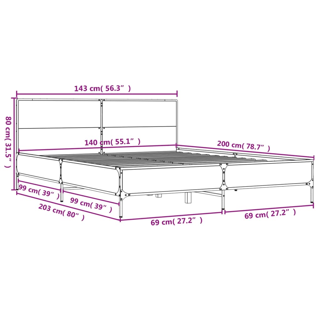 vidaXL Bed Frame without Mattress Sonoma Oak 140x200 cm