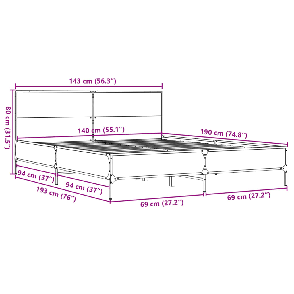 vidaXL Bed Frame without Mattress Smoked Oak 140x190 cm