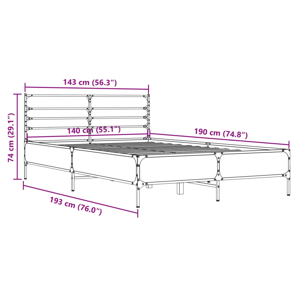 vidaXL Bed Frame without Mattress Grey Sonoma 140x190 cm