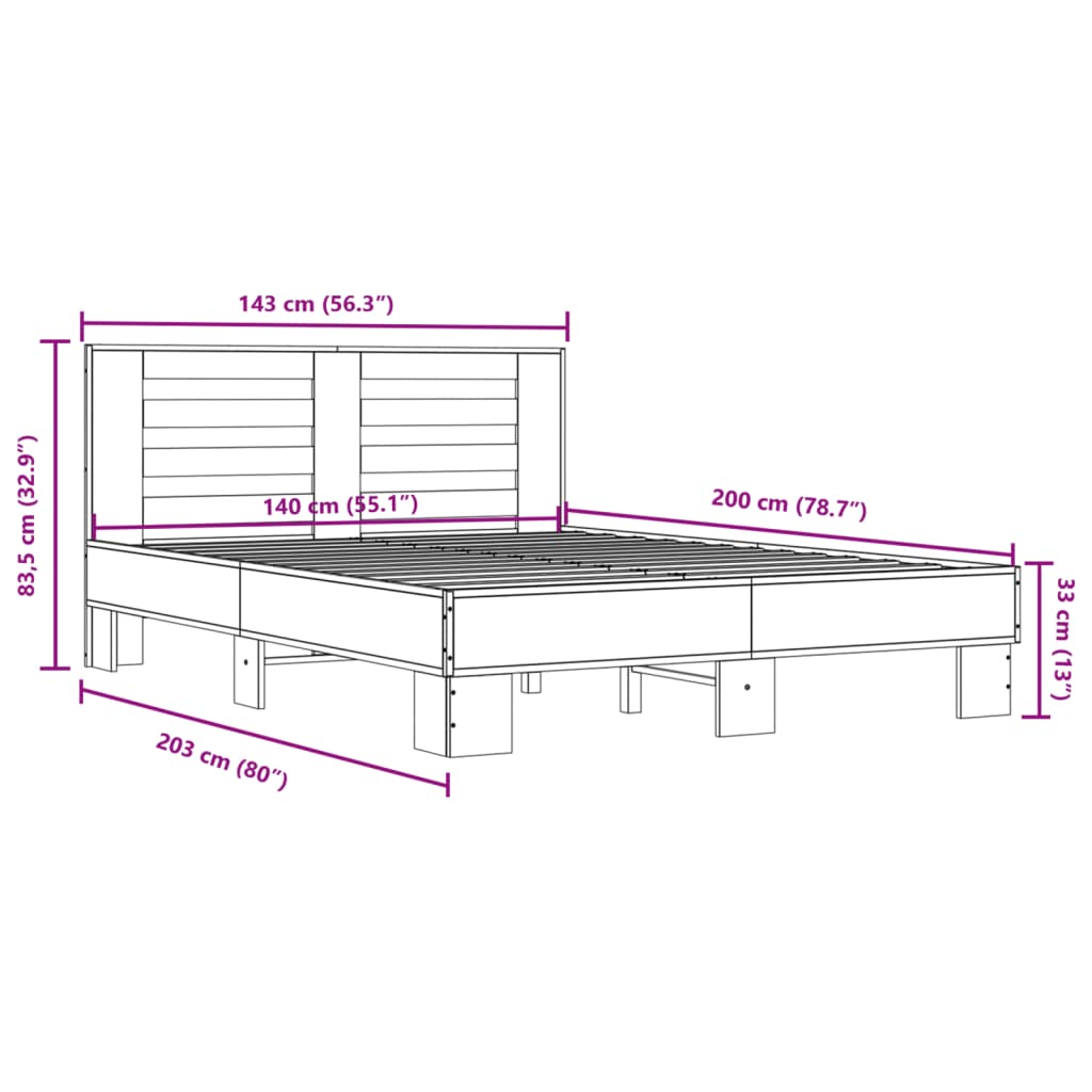 vidaXL Bed Frame without Mattress Grey Sonoma 140x200 cm