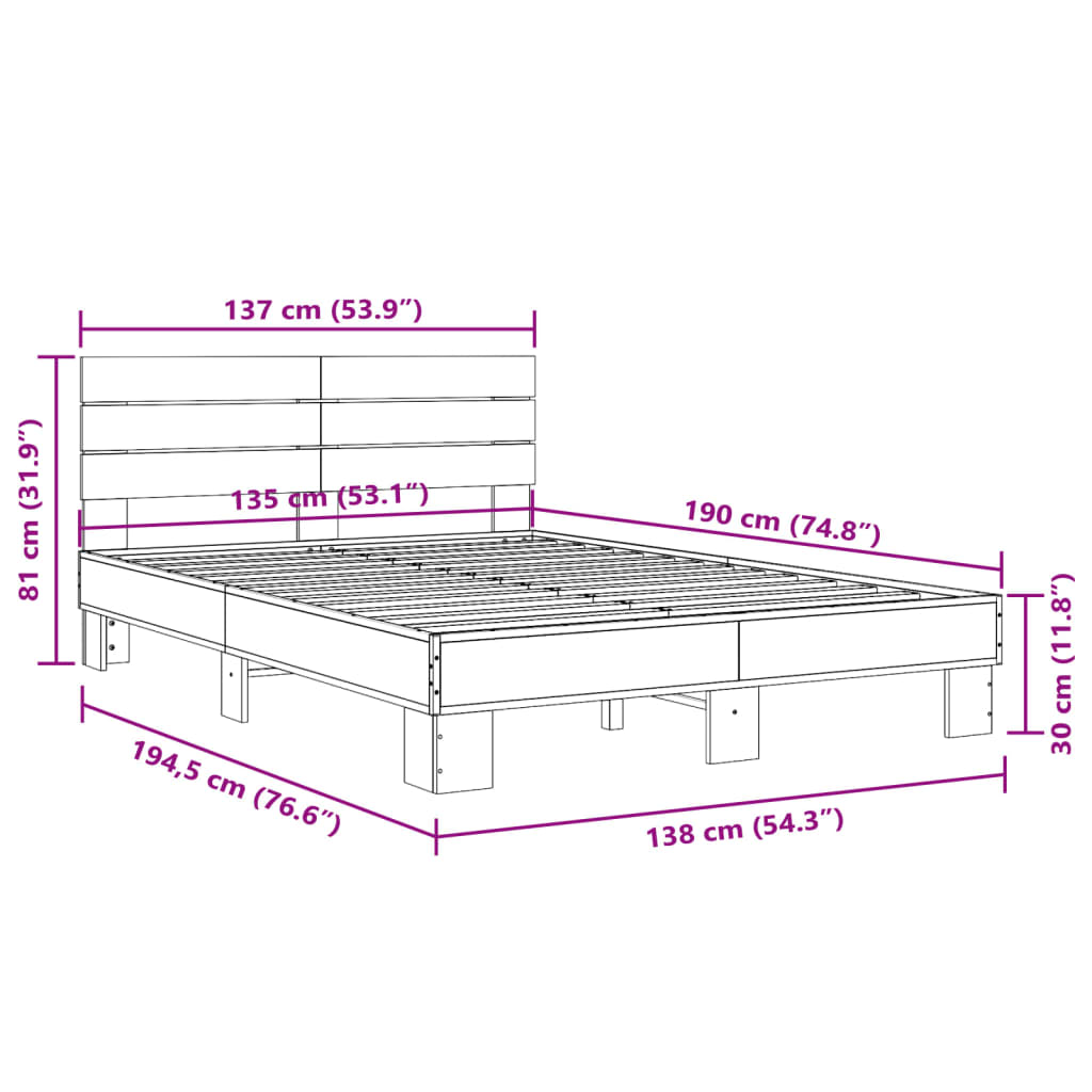 vidaXL Bed Frame without Mattress Grey Sonoma 135x190 cm Double