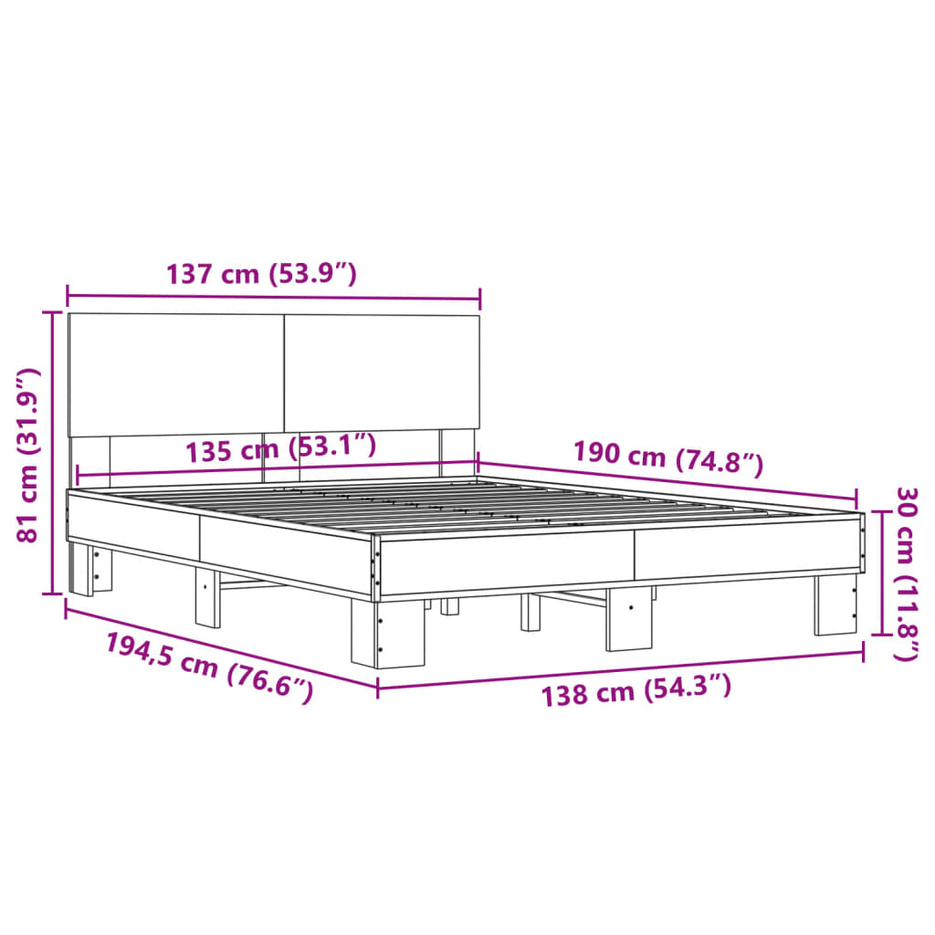 vidaXL Bed Frame without Mattress Grey Sonoma 135x190 cm Double