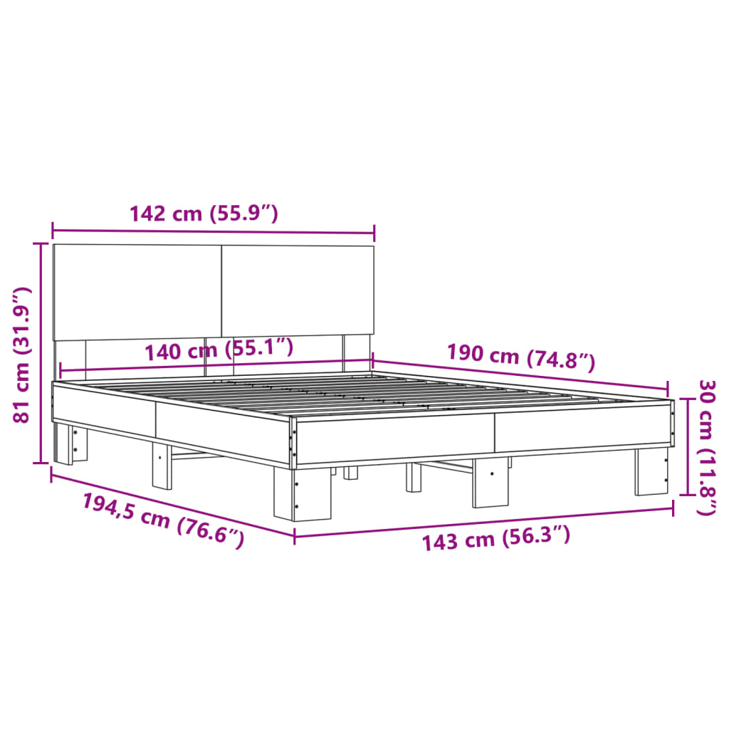 vidaXL Bed Frame without Mattress Grey Sonoma 140x190 cm