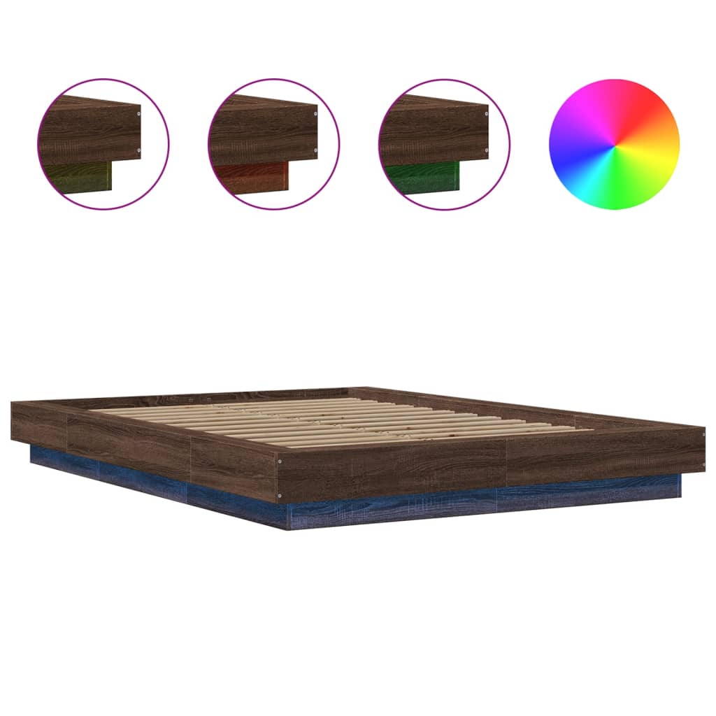 vidaXL Bed Frame with LED Lights without Mattress Brown Oak 135x190cm